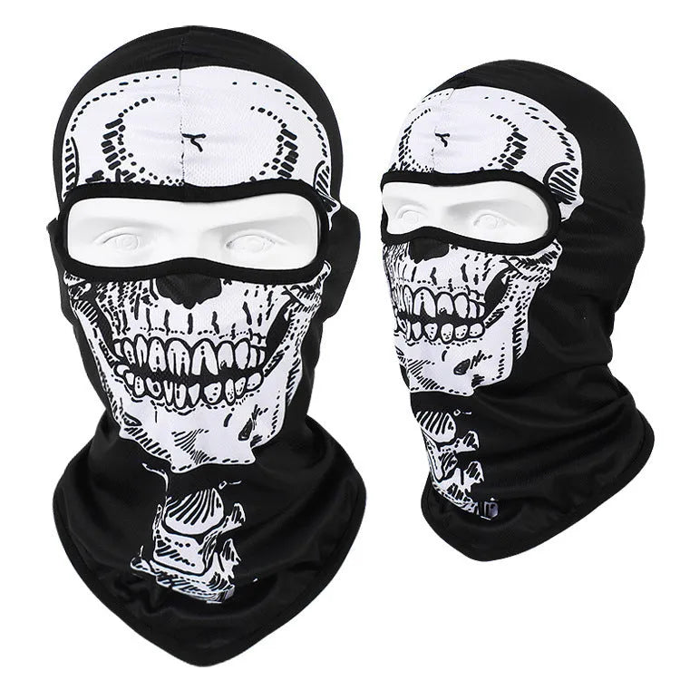 Breathable Bakool silk motorcycle skull mask in a skull print design, showing dimensions of 36 by 29 cm.