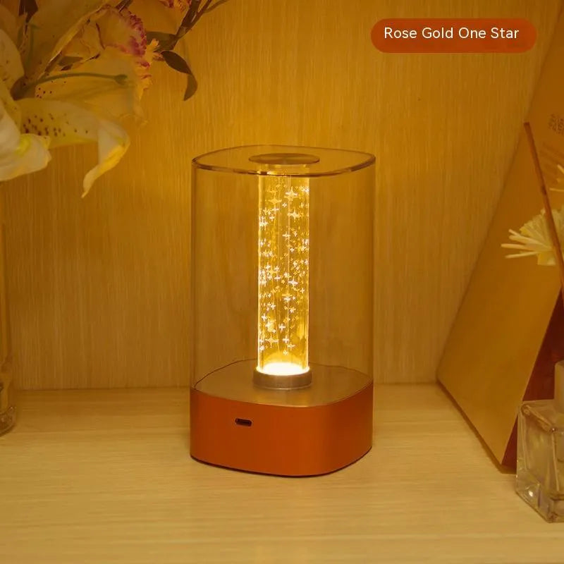 LED touch atmosphere lamp in rose gold with abstract pattern, measuring 88 x 155 mm