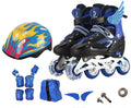 Children's adjustable roller skates with aluminium frame, PU foam wheels, and complete protective gear set in multiple colours