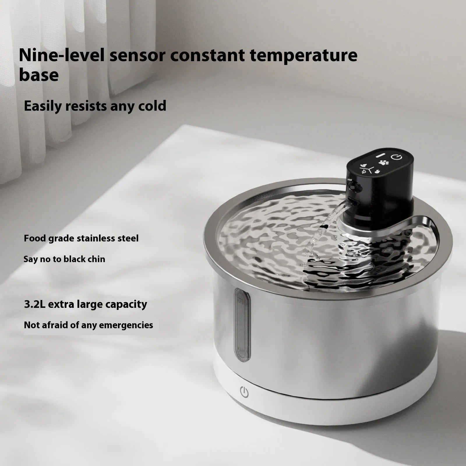 Stainless steel heated pet water fountain with white temperature control base for cats and dogs.
