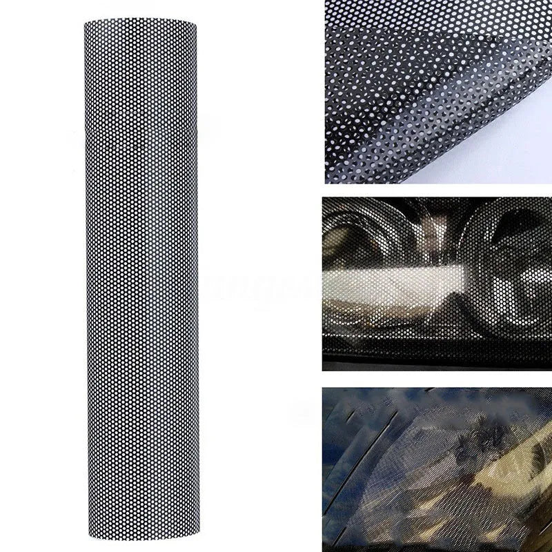 Plastic mesh automotive colour change film showing perforated texture and 30cm by 106cm dimensions