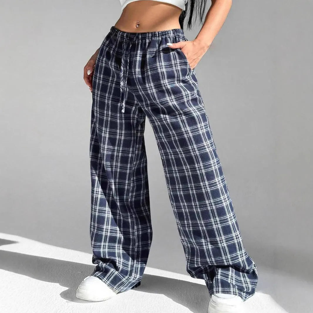 Women's loose fit casual trousers with drawstring waist and plaid pockets in polyester fabric