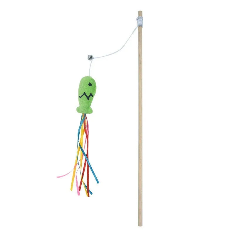 Blue cat wand toy with colourful ribbons, catnip fish, bell, and wooden handle for indoor cats.