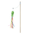 Blue cat wand toy with colourful ribbons, catnip fish, bell, and wooden handle for indoor cats.