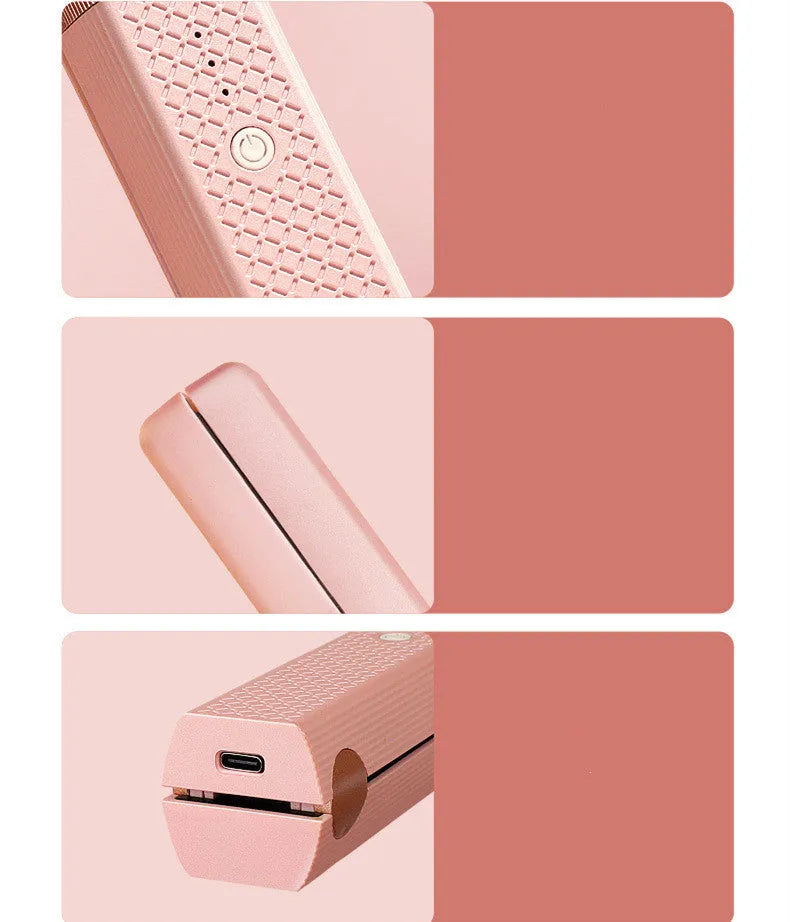 Pink and green cordless USB hair straightener with ceramic plates and digital temperature display