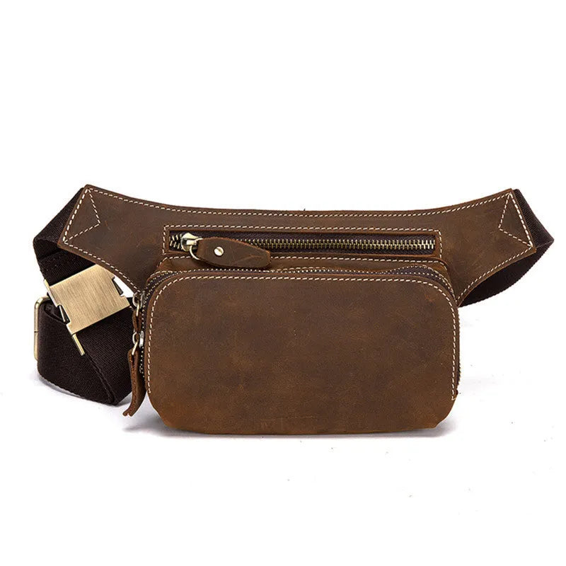 Brown cowhide leather men's sports waist bag with zip and internal phone pocket.