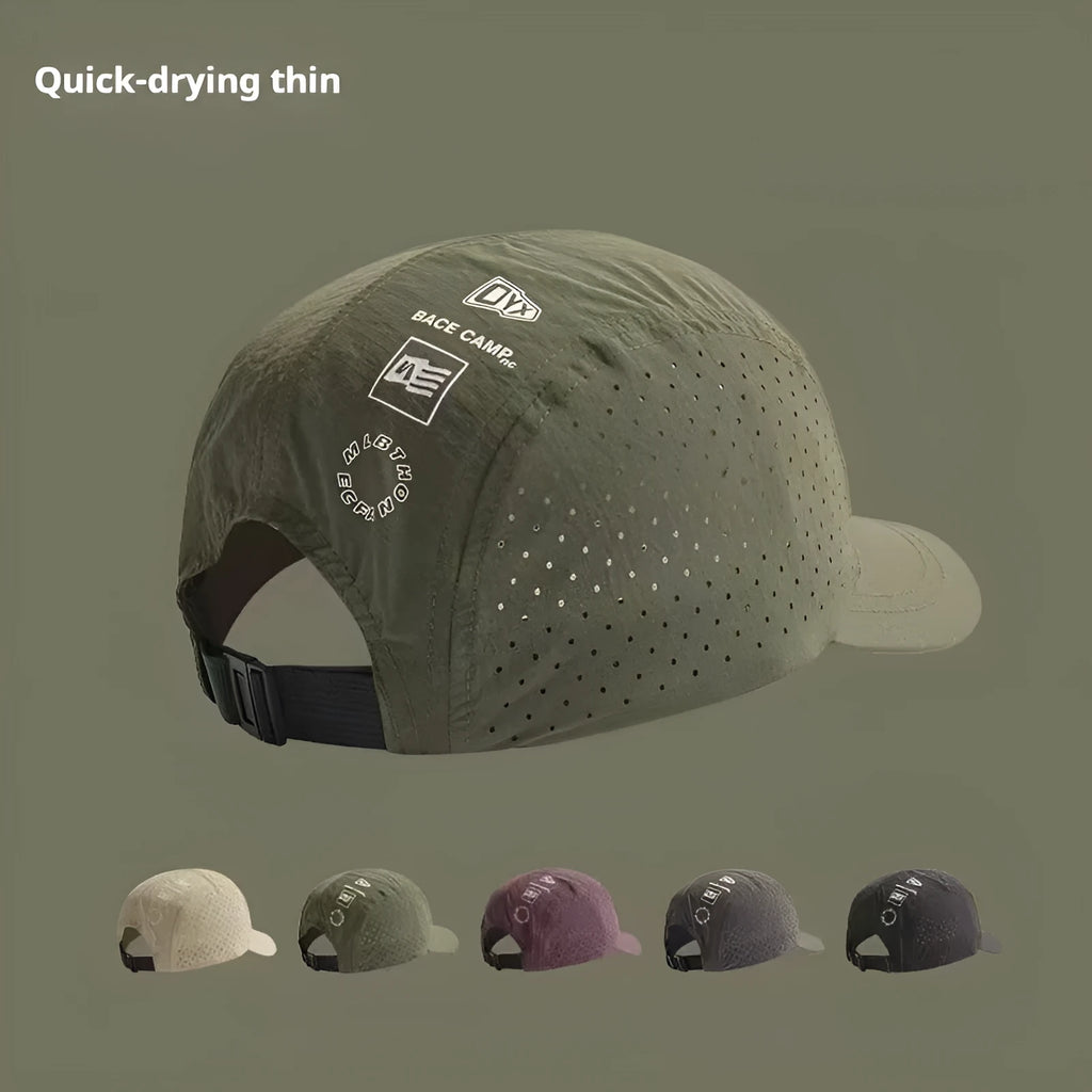 Men's adjustable mesh baseball cap in khaki colour showing breathable fabric texture