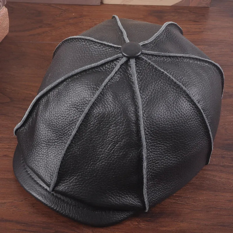 Brown cowhide leather dome crown peak cap with brim for winter outdoor leisure