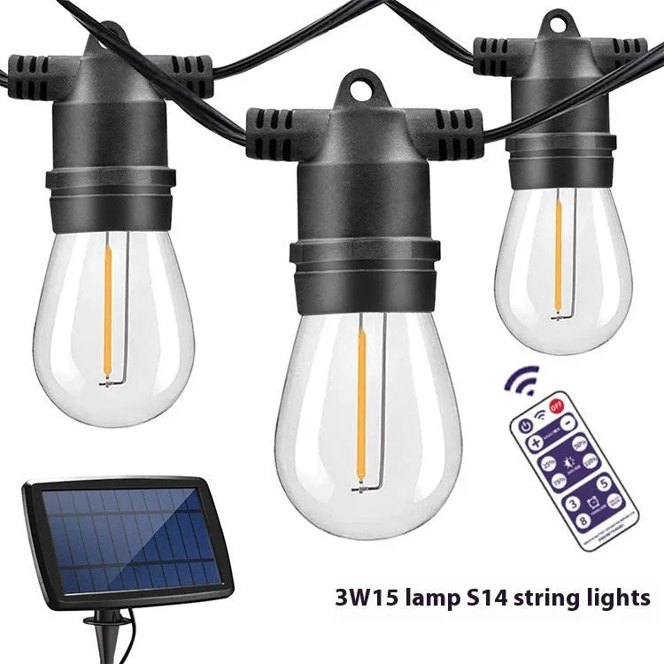 Waterproof solar-powered LED string lights hanging outdoors on a garden fence.