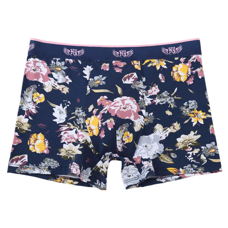 Purified cotton men's boxer shorts with U-shaped design in floral patterns