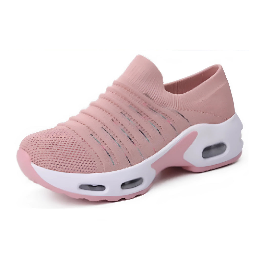 Stretch knitted mesh sock shoe for women in light grey colour with round toe and low heel.