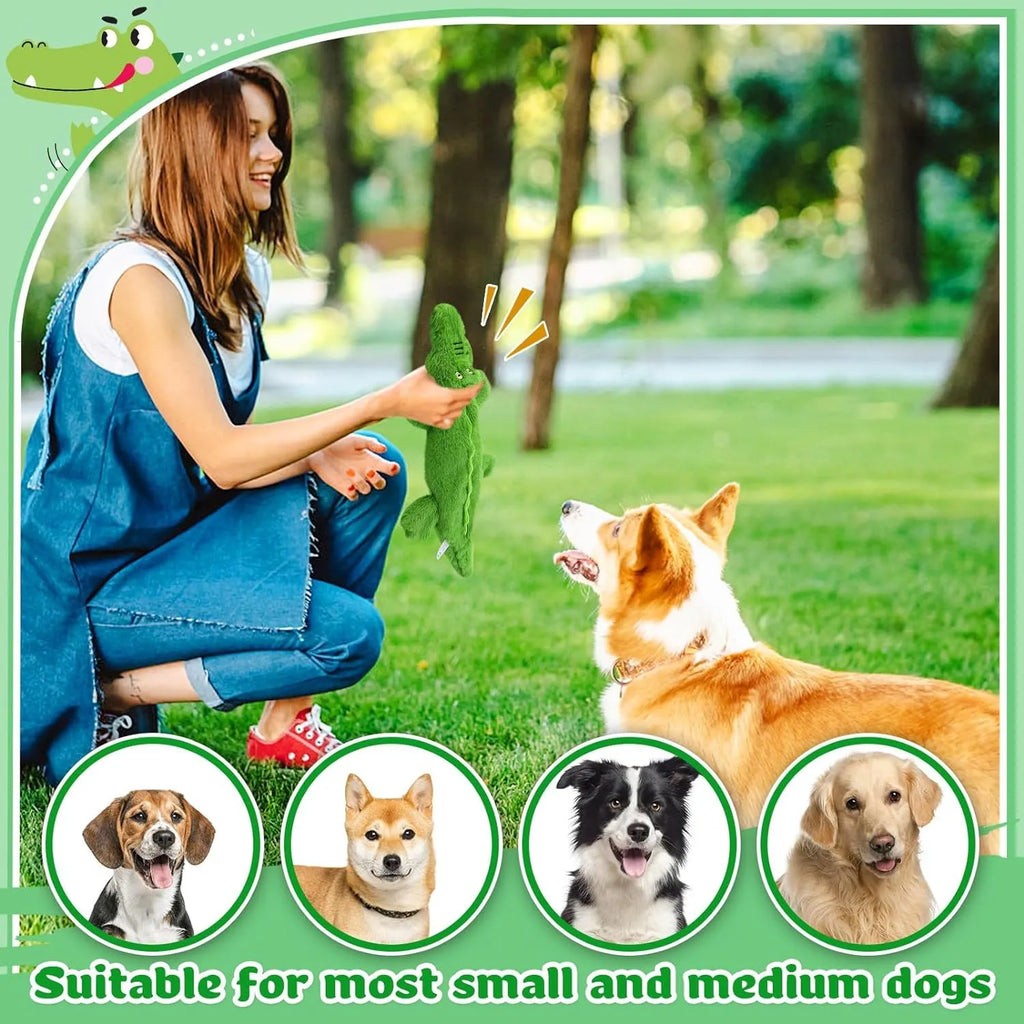 Green plush crocodile dog toy with no stuffing, featuring a squeaker and crinkle paper tail.