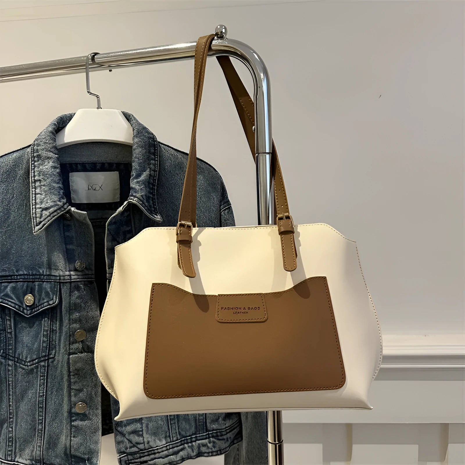 Women's horizontal square tote bag in PU material with internal mobile phone pocket, shown in available colours