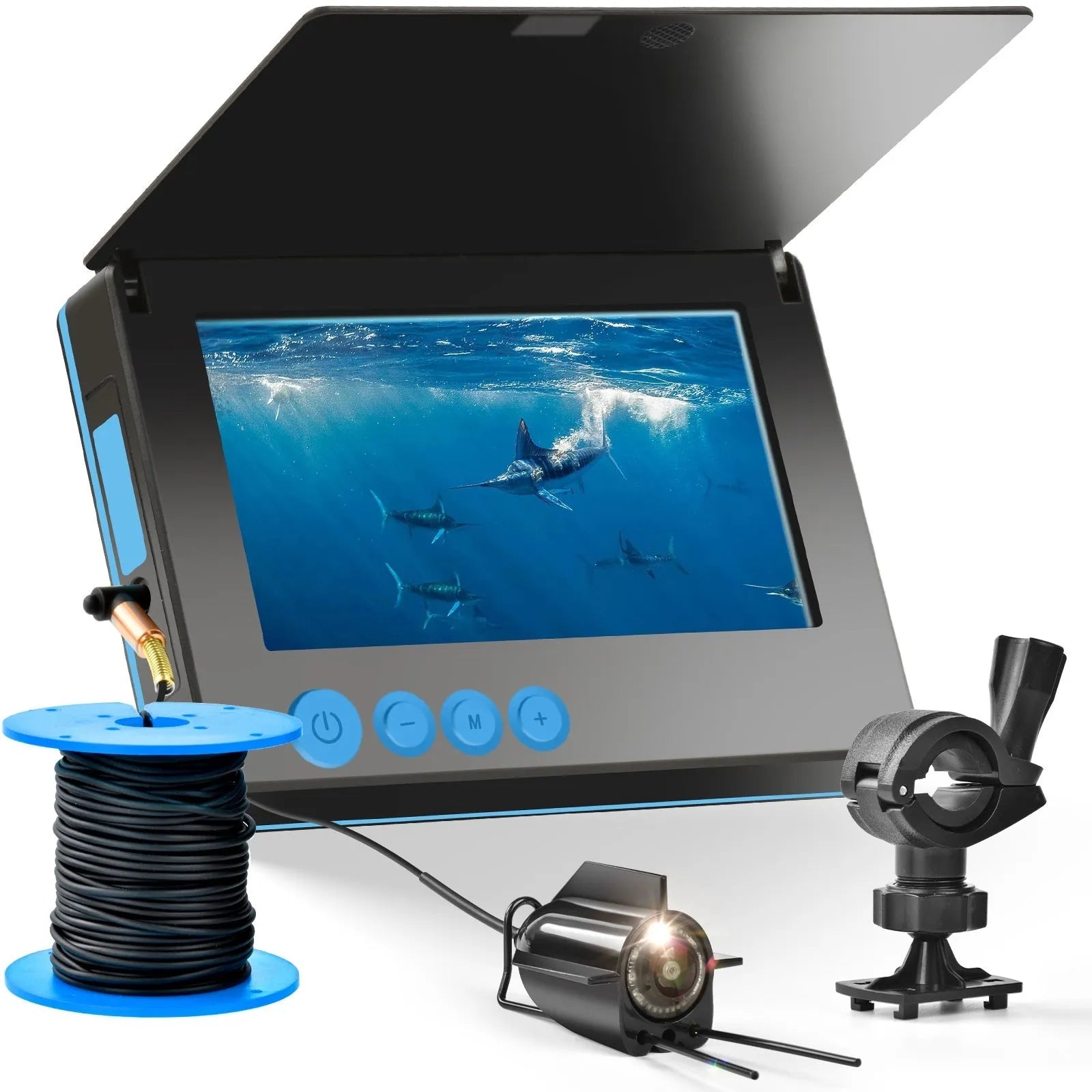 Underwater fish finder HD camera with 4.3-inch screen, 8 LED lights, and a choice of 15, 20, or 30-metre cable.