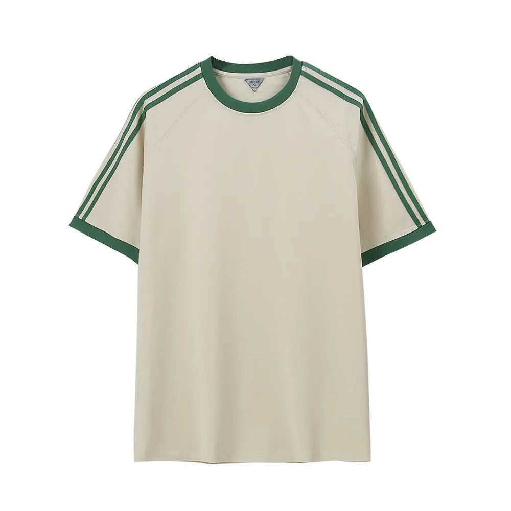 Ice silk stripes five-point top in ice-feeling cotton, loose fit pullover design, unisex summer shirt