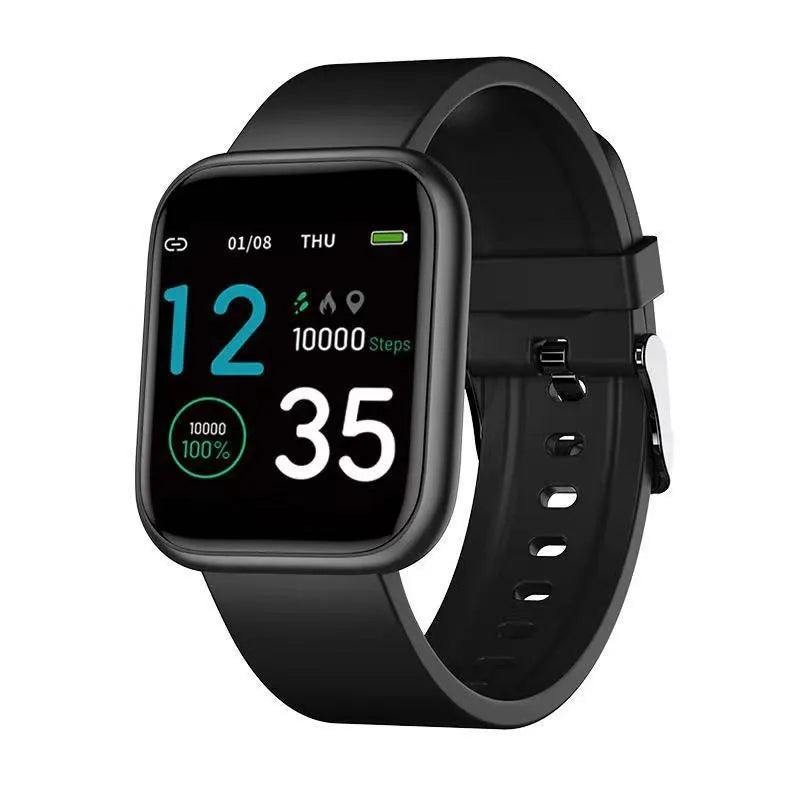 Black smart watch with colour touch screen displaying heart rate and blood oxygen data on wrist.