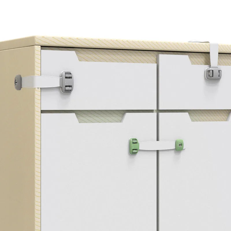Adjustable child safety strap lock for cabinets and drawers in grey or green