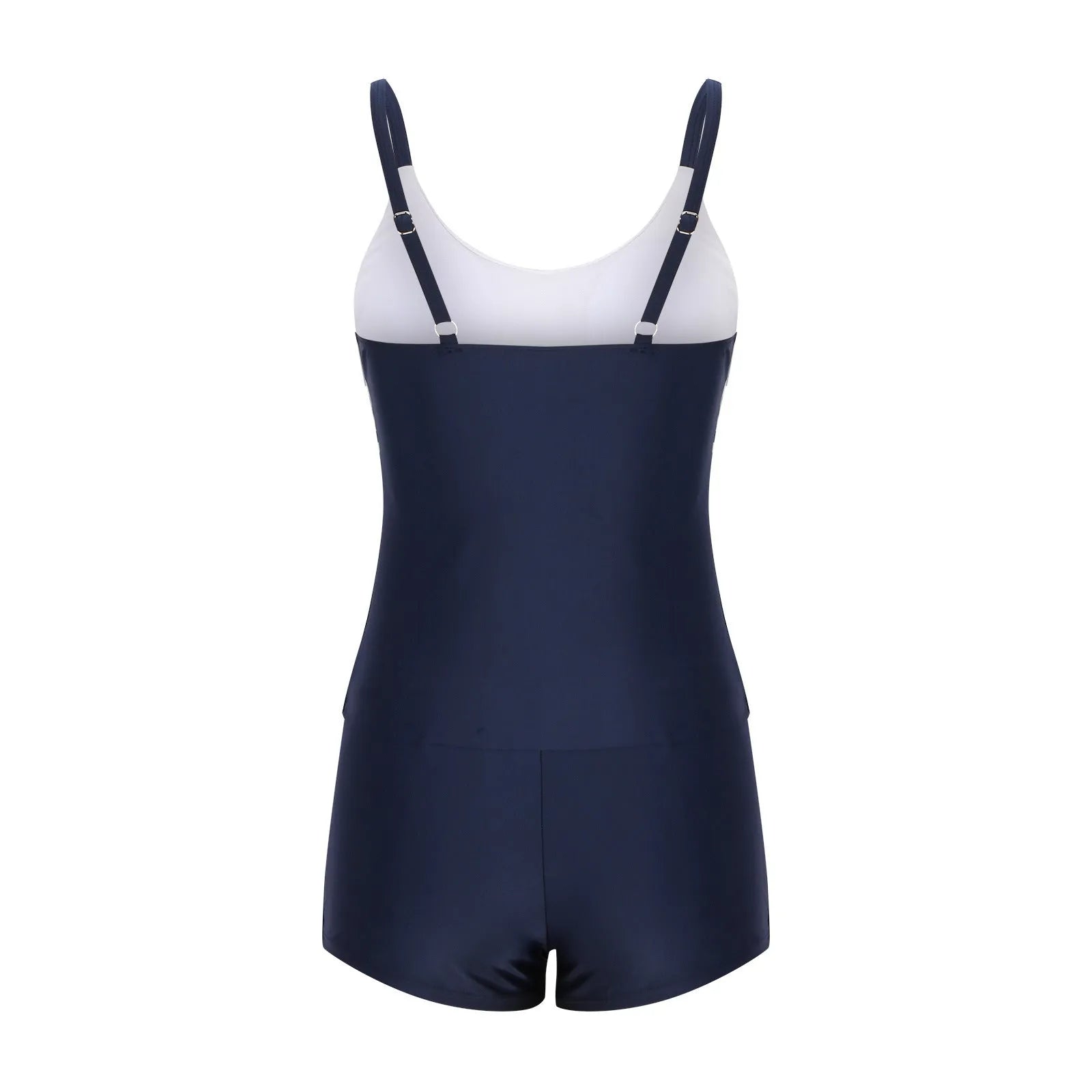 Women's conservative stripe bikini with boyshort shorts and split-front top on a mannequin.