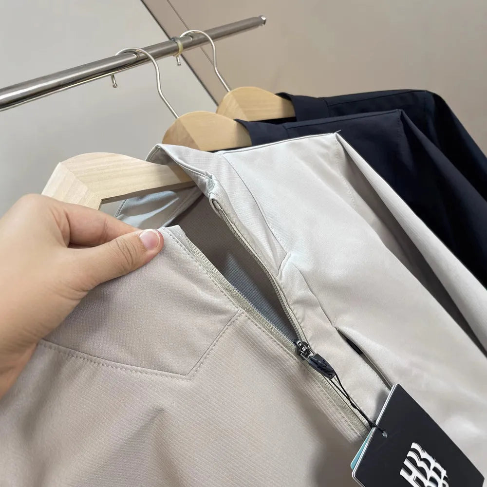 Men's stand collar casual jacket in polyester available in black, dark blue, and milky white