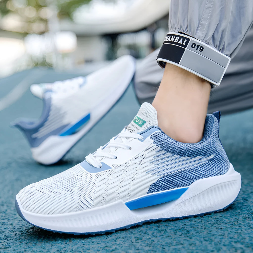Men's blue casual sports mesh shoes with cloth upper and moulded sole