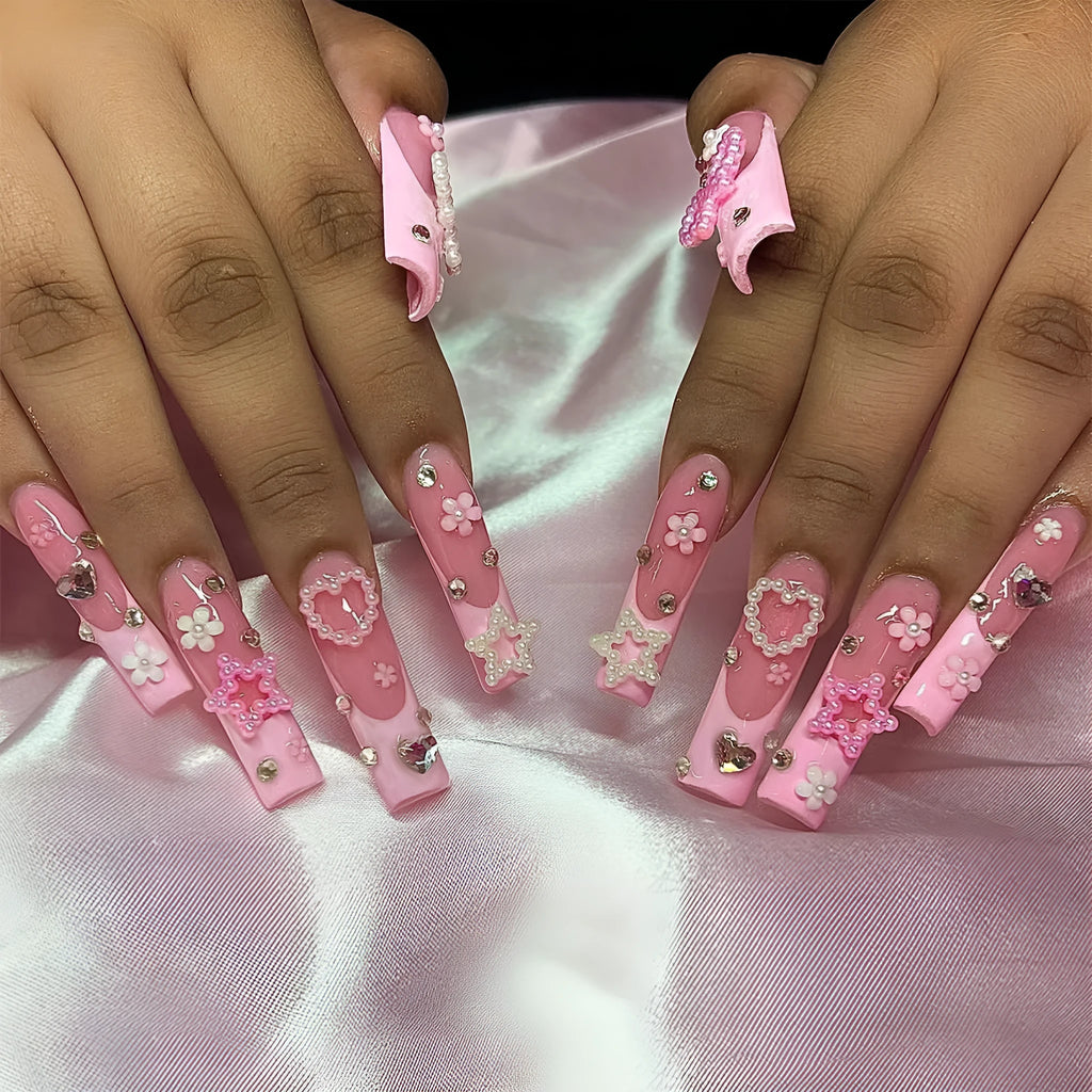 French manicure false nails with spot drill bow decoration in XB-70-48 colour with love pattern