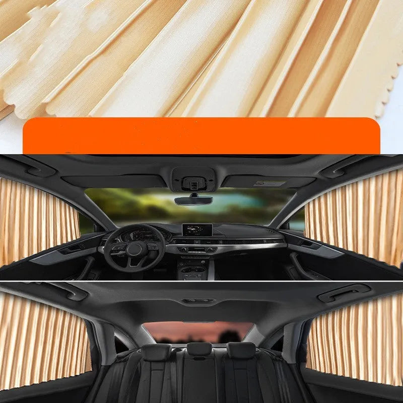 Auto retractable car sun curtain with roller shutter mechanism in black colour extended over vehicle window