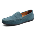 Men's suede leather Gommino-style slip-on casual shoes in brown, shown from the side.