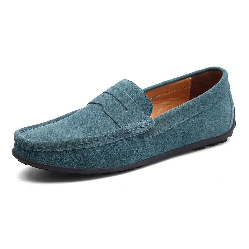 Men's suede leather Gommino-style slip-on casual shoes in brown, shown from the side.