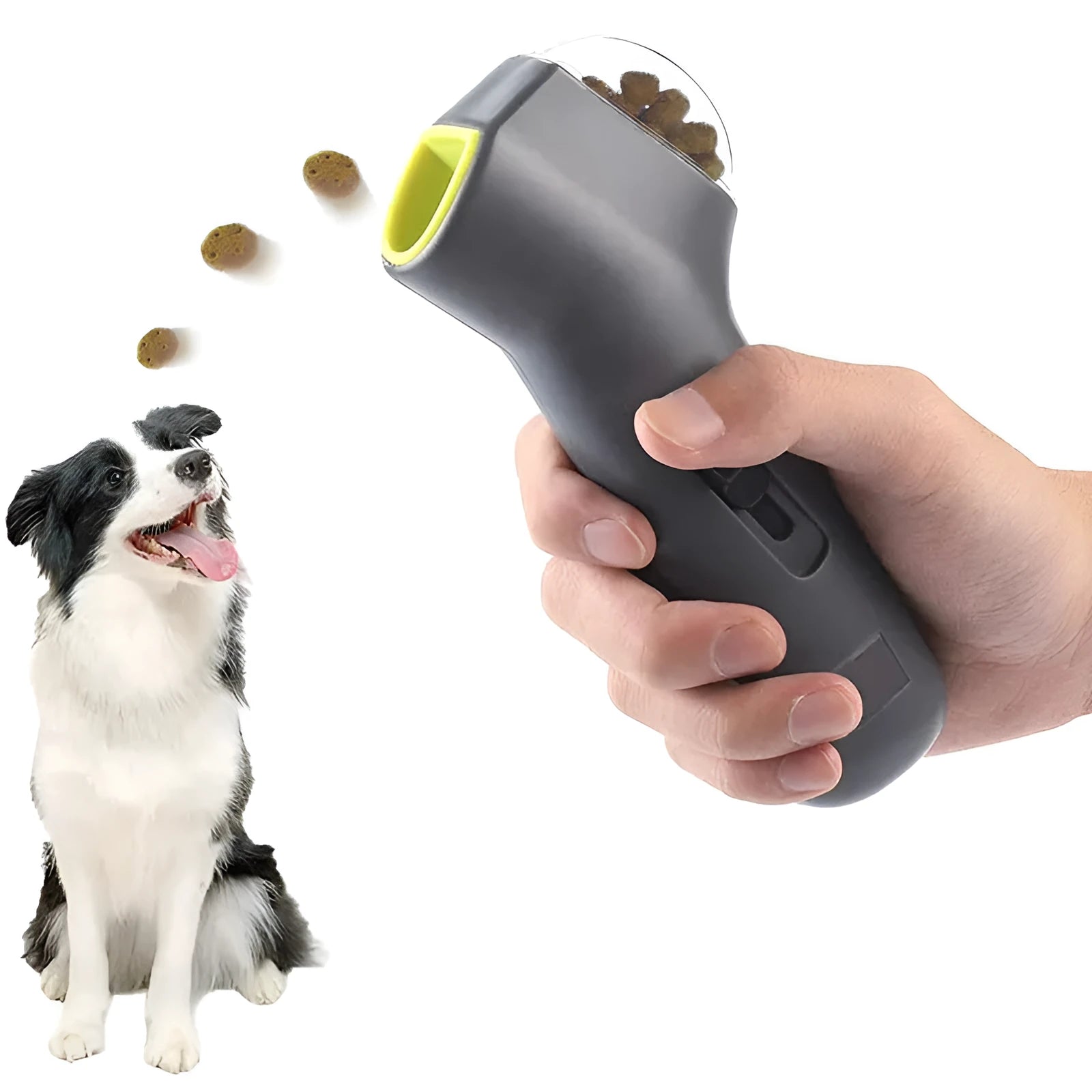 Grey dog training snack launcher catapult showing spring trigger mechanism and compact 18cm design