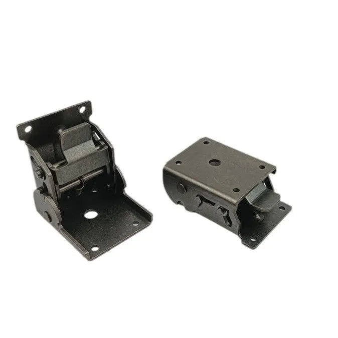 Furniture foot folding hinge in nickel silver finish showing 0-90 degree angle range.