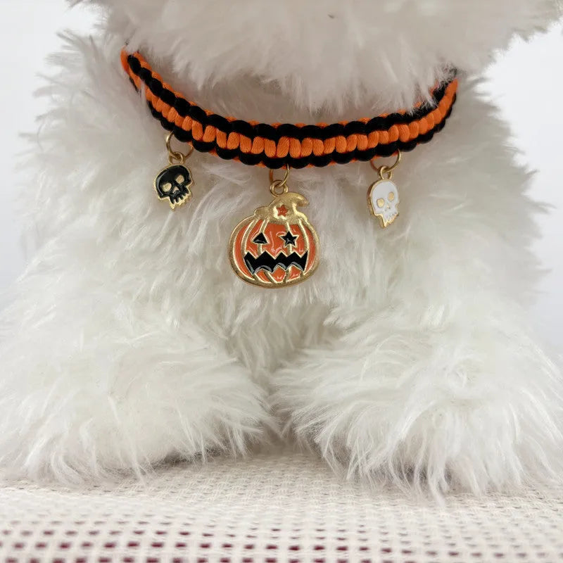 Halloween pet collar with zinc alloy charm showing pumpkin bat design on adjustable black webbing