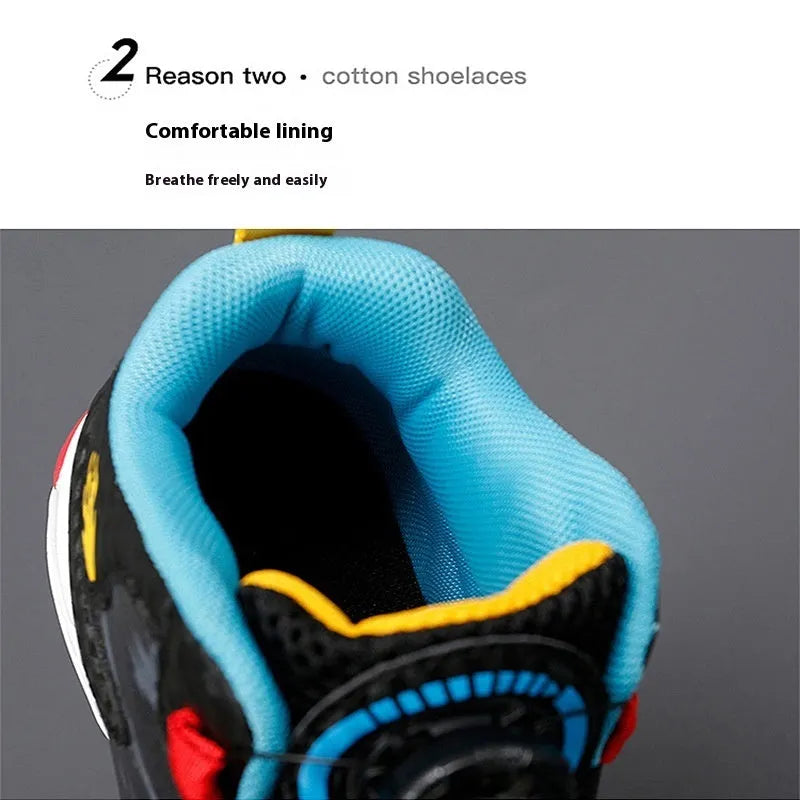 Children's rotating button basketball shoes in multiple colours with waterproof feature and PU sole