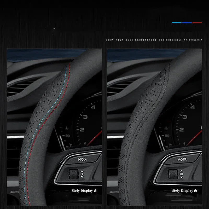 Black steering wheel cover with two-colour stitching, showing napa leather texture and a 38cm diameter.
