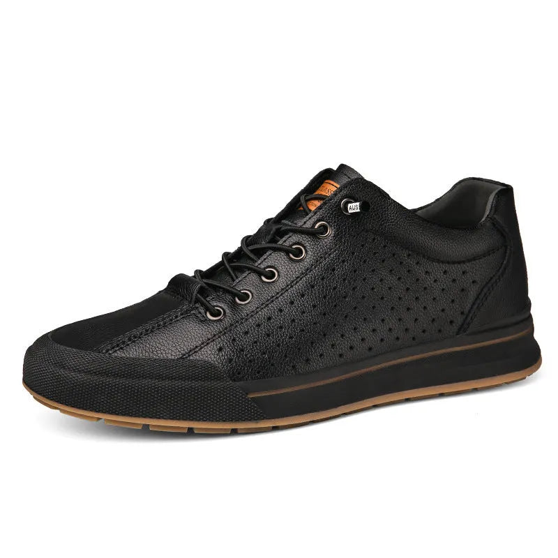 Men's white breathable shoes with round toe and flat 6CM heel, made of matte leather.