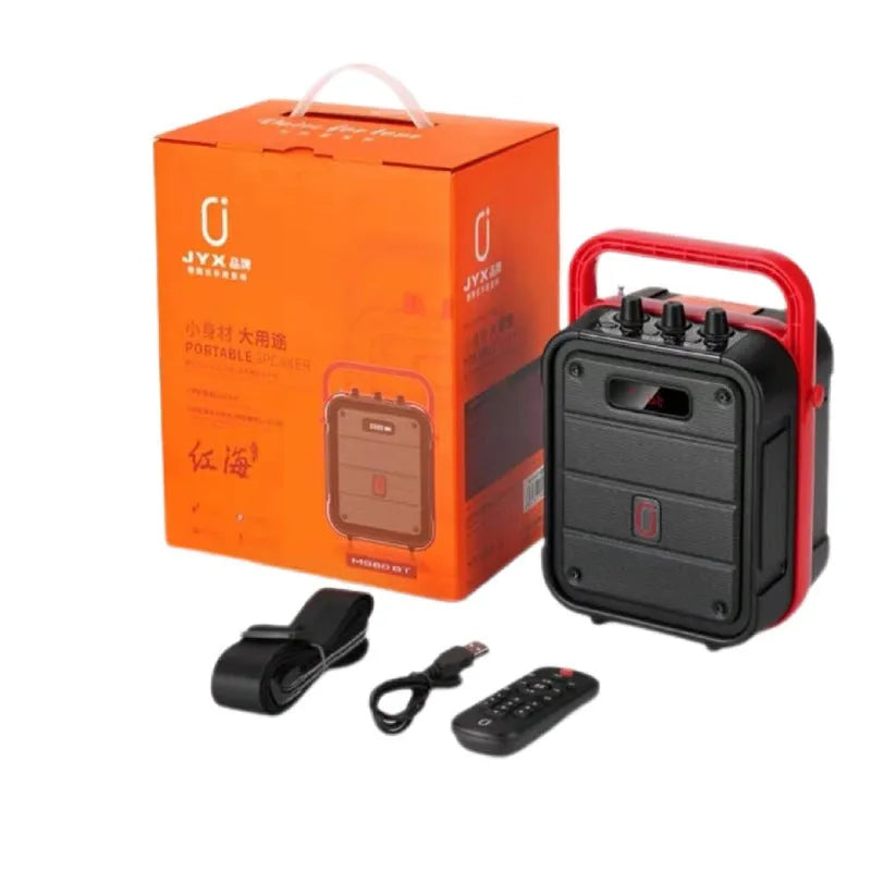 Black MS62AI portable Bluetooth speaker with wireless microphone and control knob on top.