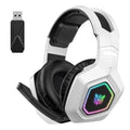 Black wireless gaming headset with RGB lighting showing lightweight PC ABS construction