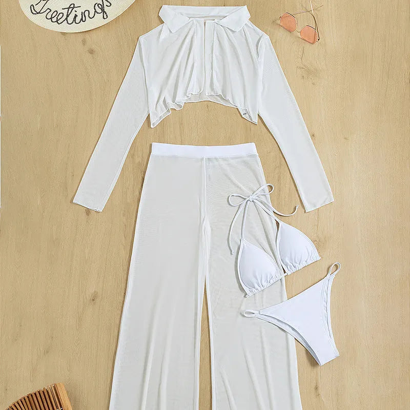 Women's white high waist swimsuit four-piece set with backless design
