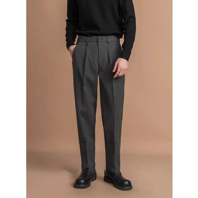 Men's straight-leg suit trousers in polyester for business casual wear, shown in khaki colour.