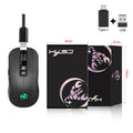 Black wireless gaming mouse with colourful breathing lights showing adjustable DPI settings and ergonomic design