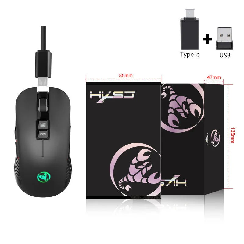 Black wireless gaming mouse with colourful breathing lights showing adjustable DPI settings and ergonomic design
