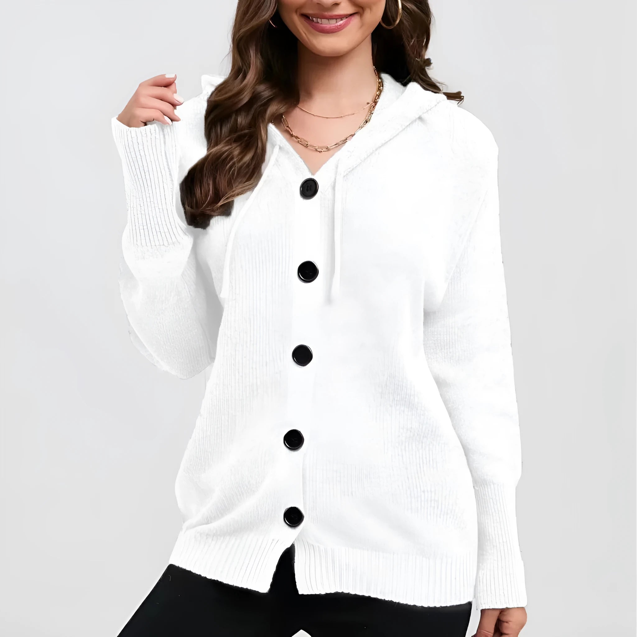 Women's loose fit hooded cardigan in solid colours including army green and sapphire blue.