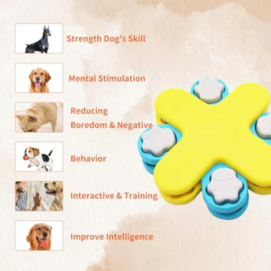 Yellow three-layer rotating dog puzzle slow feeder with claw-shaped lids on a non-slip base.