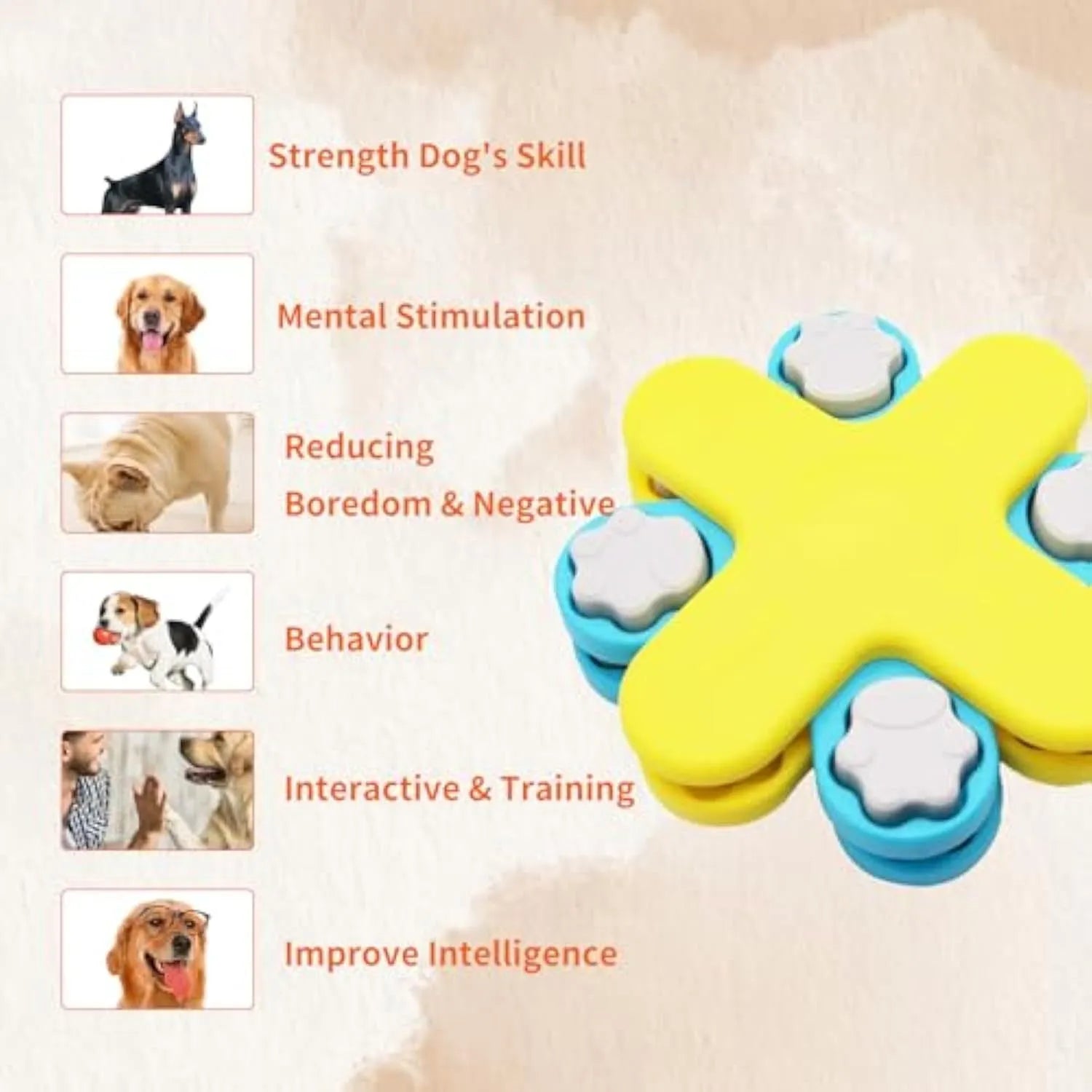Yellow three-layer rotating dog puzzle slow feeder with claw-shaped lids on a non-slip base.