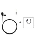 A wired lavalier lapel microphone with a small grille and clothing clip, shown with its attached audio cable.