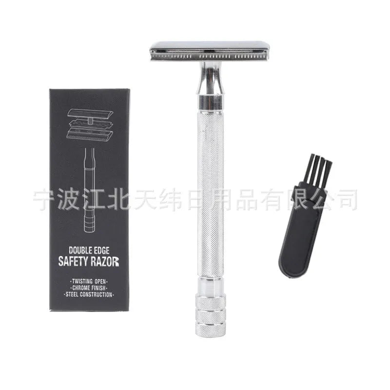 Traditional manual shaving razor and brush set in black or silver finish for beard grooming