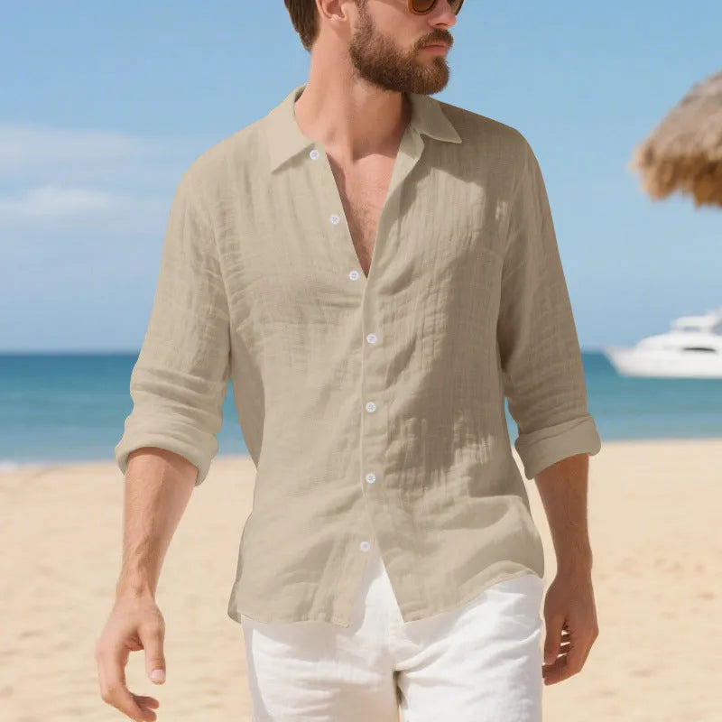 Linen casual shirt in a loose American-style fit, shown in army green colour.