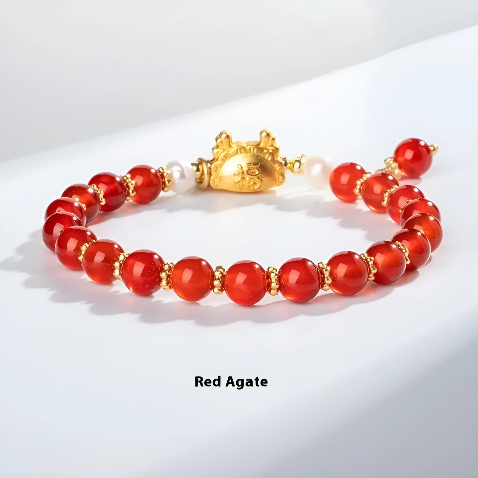 Natural agate bracelet with 8mm diamond-cut beads and dragon zodiac design in five colour options
