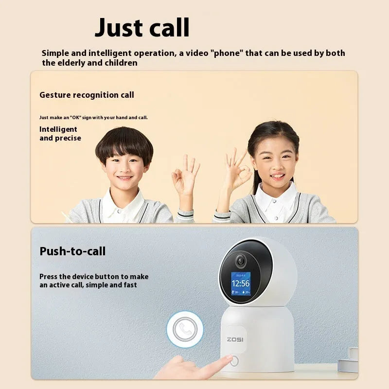 Zhou Shi wireless indoor security camera with large screen on a white plastic housing