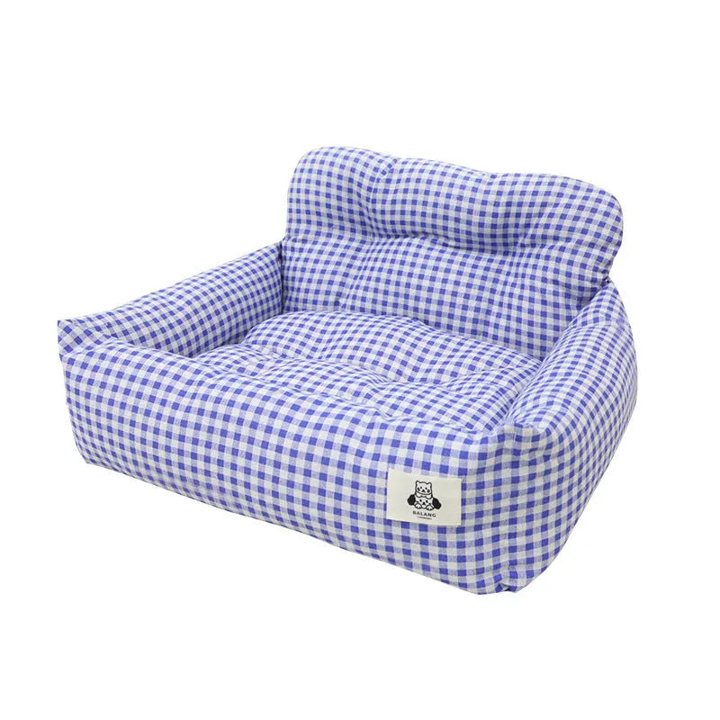 Car travel dog nest in blue plaid, stain-resistant cloth portable crate for small pets