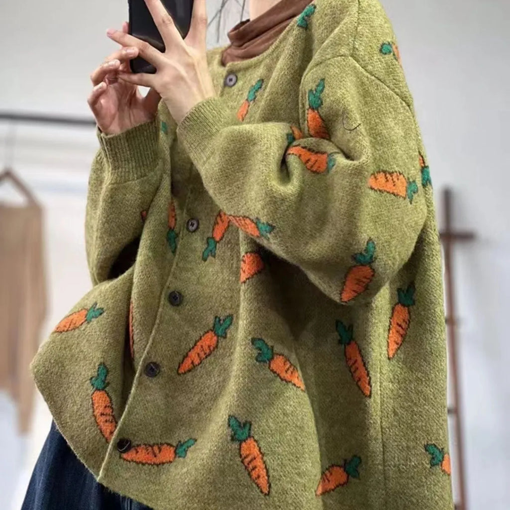 Mori artistic printing cardigan sweater with colour contrast design, loose casual street fashion style